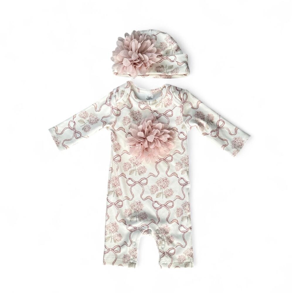 Baby Essentials Ribbons, Bows, and Flowers Pajama Set with Hat 3M